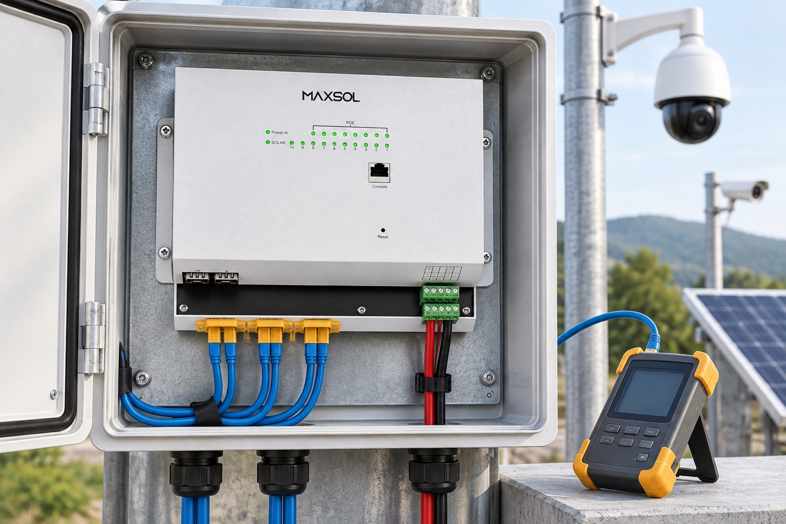 Przemysłowy przełącznik PoE Maxsol IOT2802SFG-S przeznaczony do systemów z zasilaniem solarnym