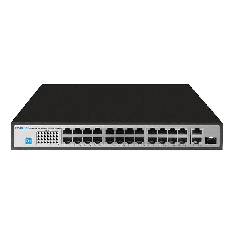 24-portowy przełącznik Fast Ethernet PoE+ z gigabitowymi portami uplink