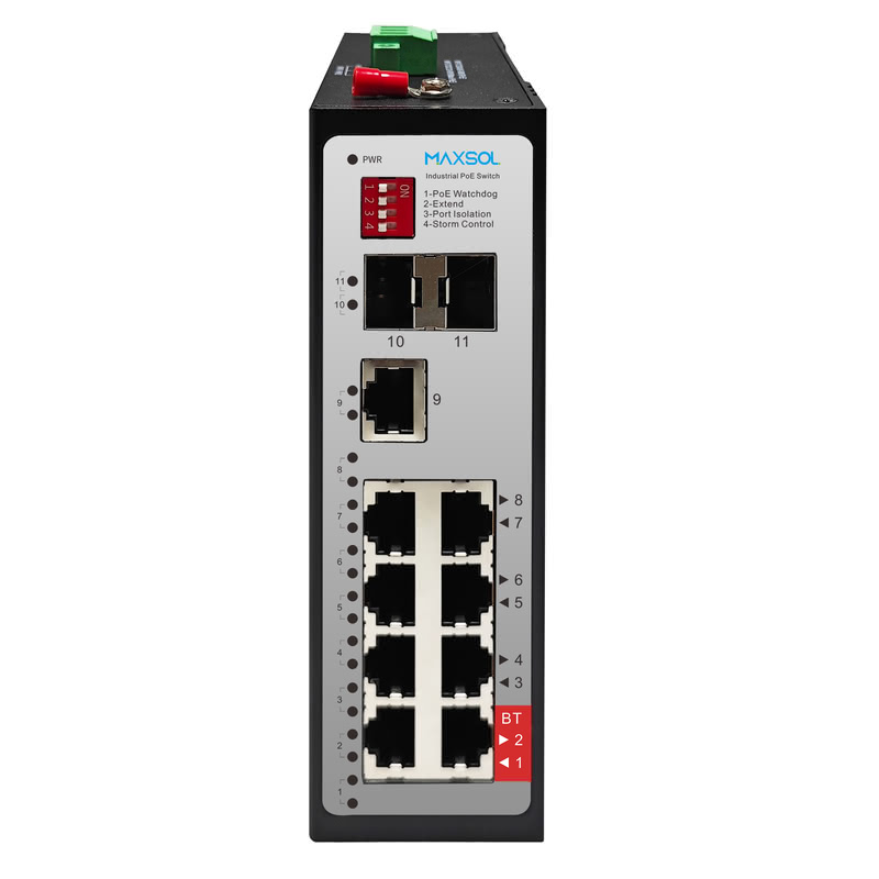8-portowy przemysłowy przełącznik Hi-PoE 90 W BT z SFP
